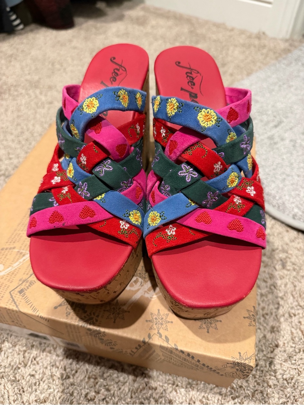Free People Multicolor Embroidered Cork Platform Sandal - Pink, Blue, Red, Green - Picture 3 of 6